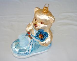 Teddy Bear in Blue or Pink Shoe - Hanging Ornament 